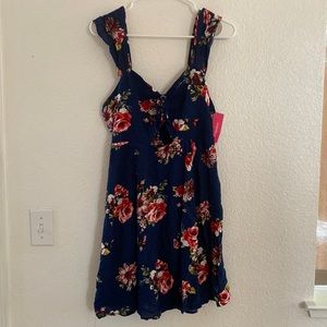 Dress, navy with rose/floral pattern, triangular cutout at waste/below chest